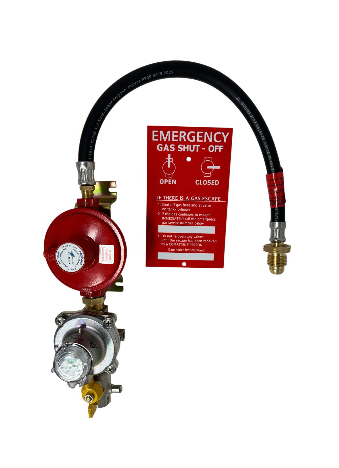 Gas valve with hose and emergency gas shut-off sign on a white background