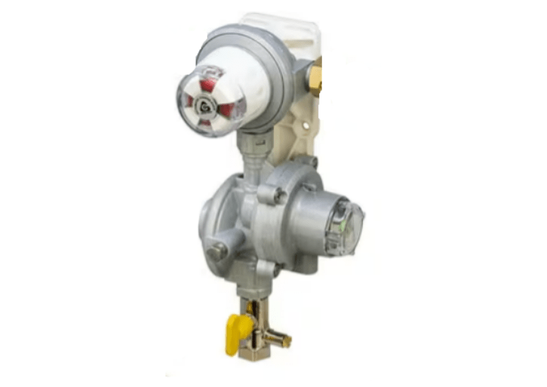 Automatic changeover gas pressure regulator with OPSO, wall mount plate and test point included. Manufactured by cavagna group.