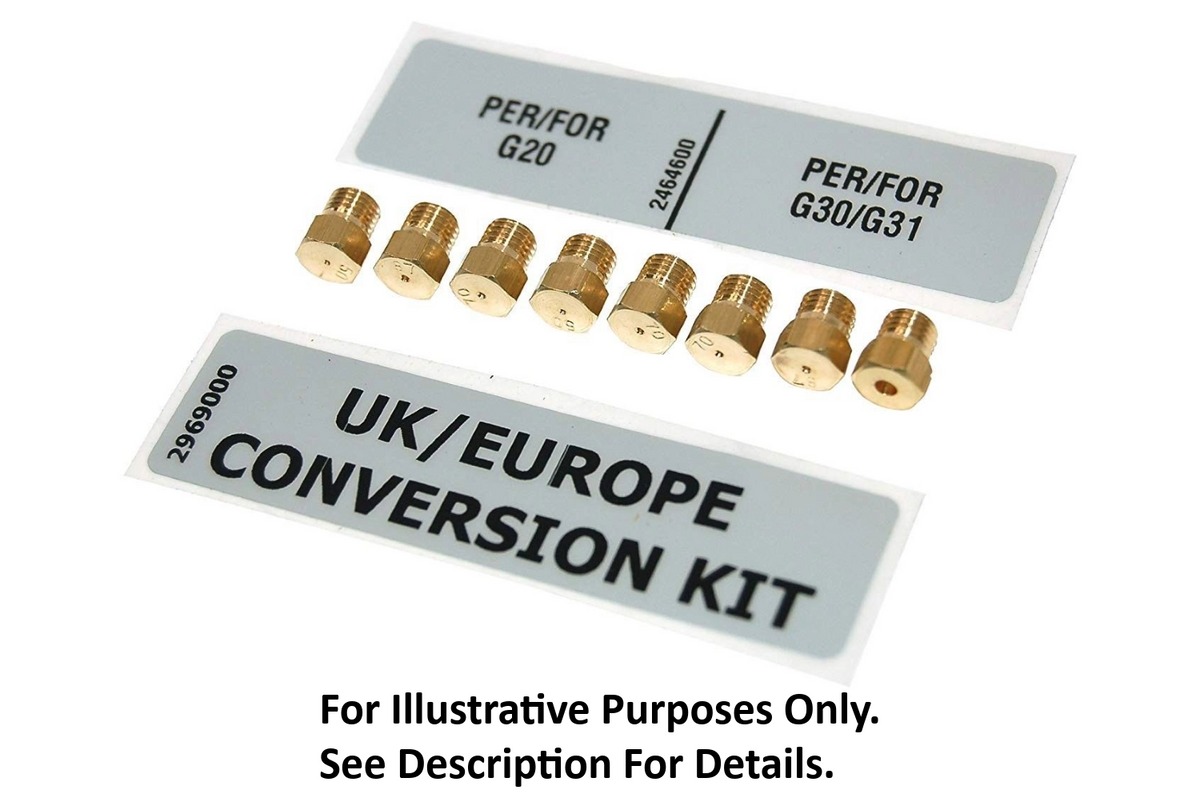 UK/Europe gas cooker conversion kit with brass nozzles on a white background