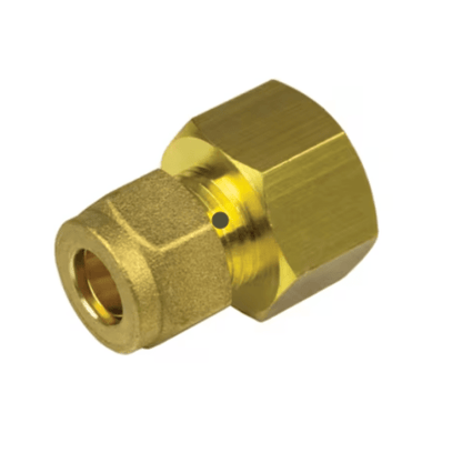 Close-up of a brass compression fitting with a 10mm compression and 1/2" BSP female thread, designed for use with gas hobs. The fitting is durable and ensures a reliable connection