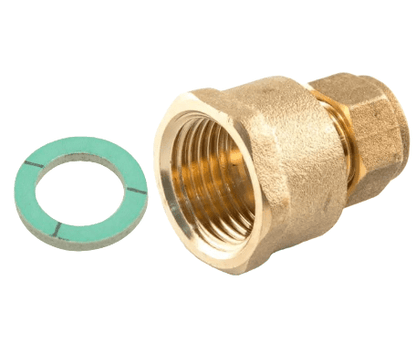 Brass compression fitting with a green fiber washer, designed for use with gas hobs. The fitting features a 10mm compression and 1/2" BSP female thread, ensuring a secure, leak-proof connection. The included green fiber washer ensures a proper seal without the need for additional sealants.