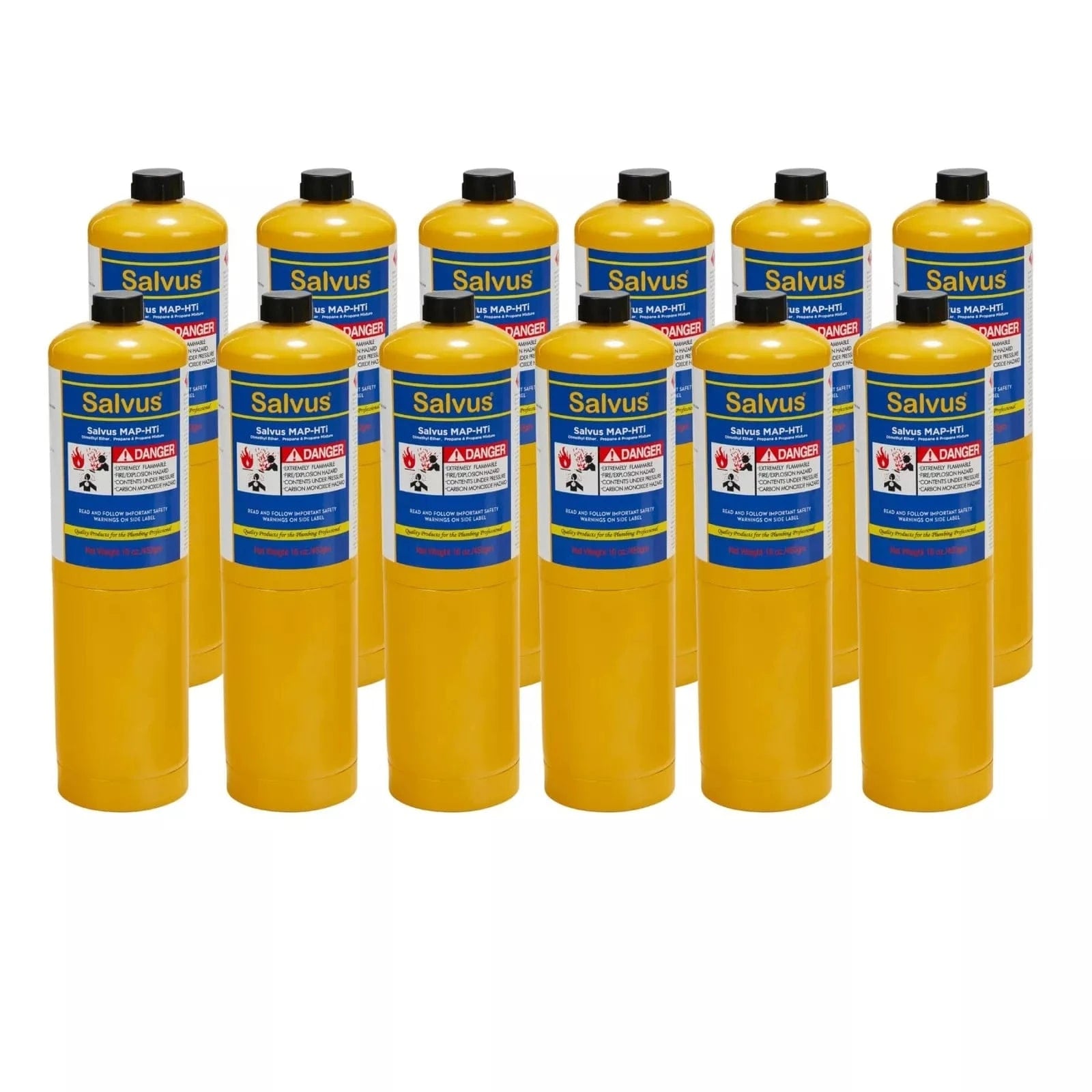 12 yellow MAPP gas canisters stacked together, designed for high-performance soldering, brazing, and welding tasks.