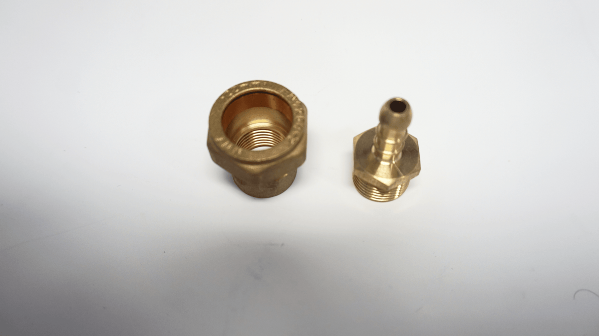 Two brass gas hose fittings, one with a 22mm compression female and the other a 1/2 inch BSP male, along with a 1/2 inch Fulham nozzle fitting.