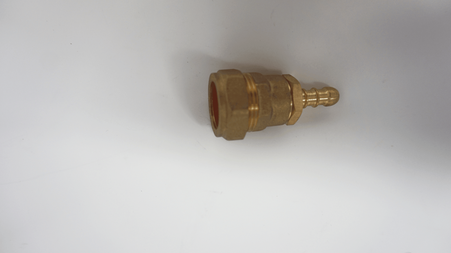 Two brass gas hose fittings connected as one, one with a 22mm compression female and the other a 1/2 inch BSP male, along with a 1/2 inch Fulham nozzle fitting.