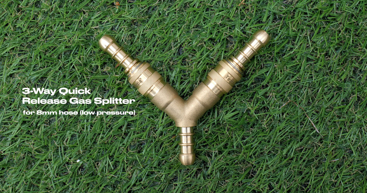 3 Way Quick Release Gas Hose Splitter Coupling for 8mm Propane/Butane Hose + 6 Clips