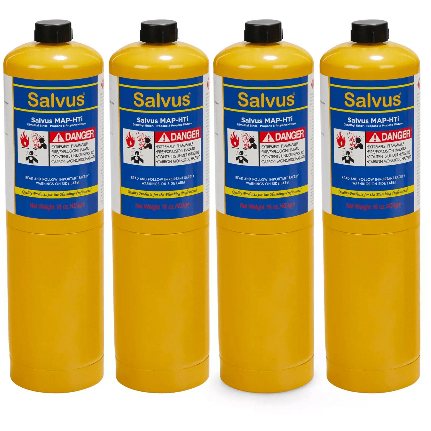Four yellow Salvus MAPP Gas 400g canisters stacked together, showcasing the full pack.