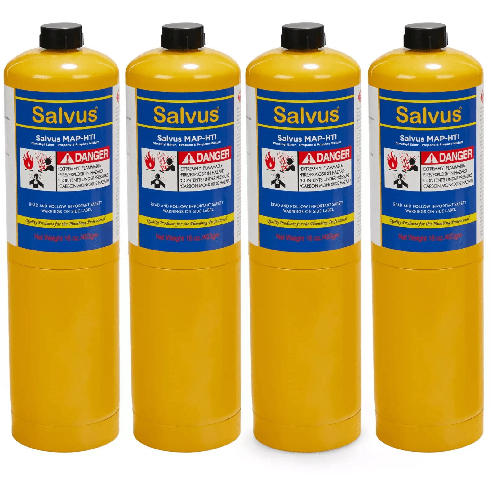 Four yellow Salvus MAPP Gas 400g canisters stacked together, showcasing the full pack.