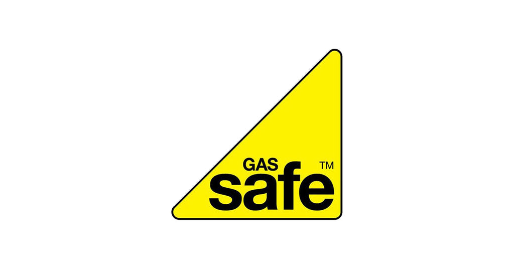 gas safe register logo, yellow triangle with gas safe wrote inside it.