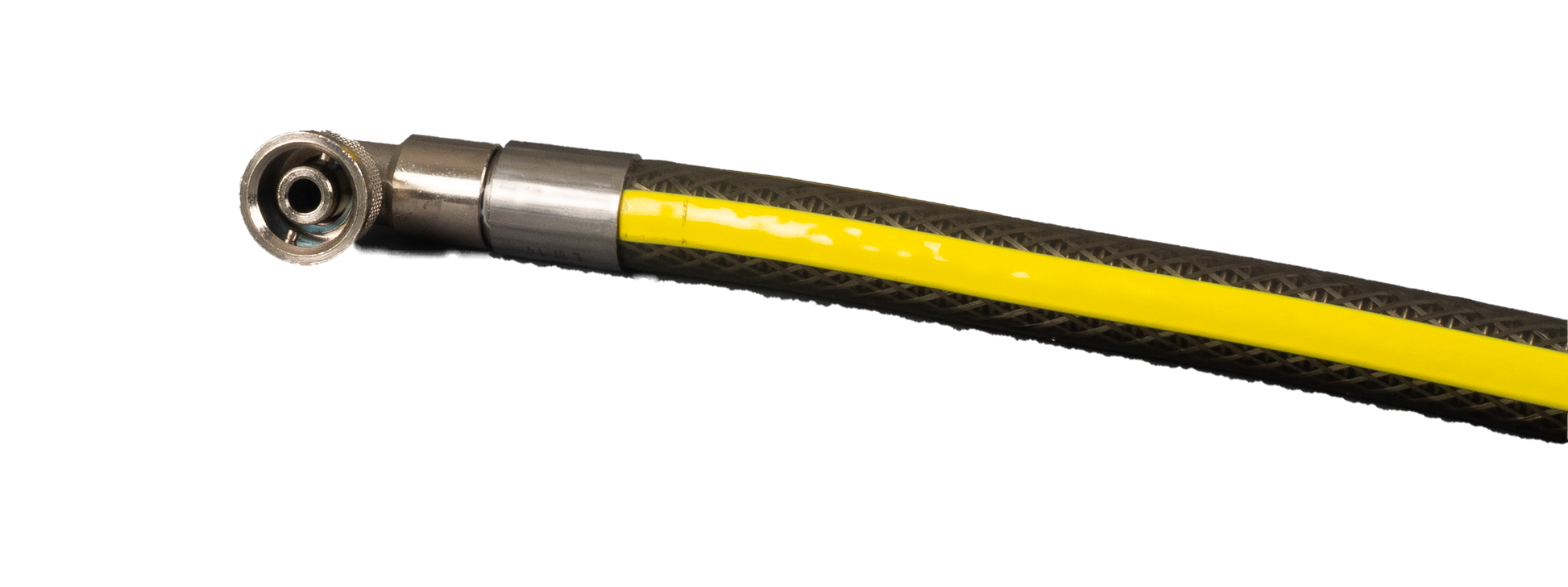 Yellow and black hose with angled micropoint swivel metal fitting