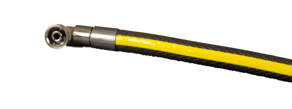 Yellow and black hose with angled micropoint swivel metal fitting