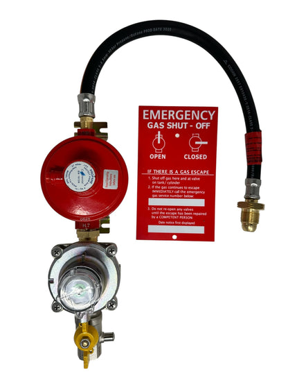Red gas valve with hose and emergency gas shut-off sign on a white background