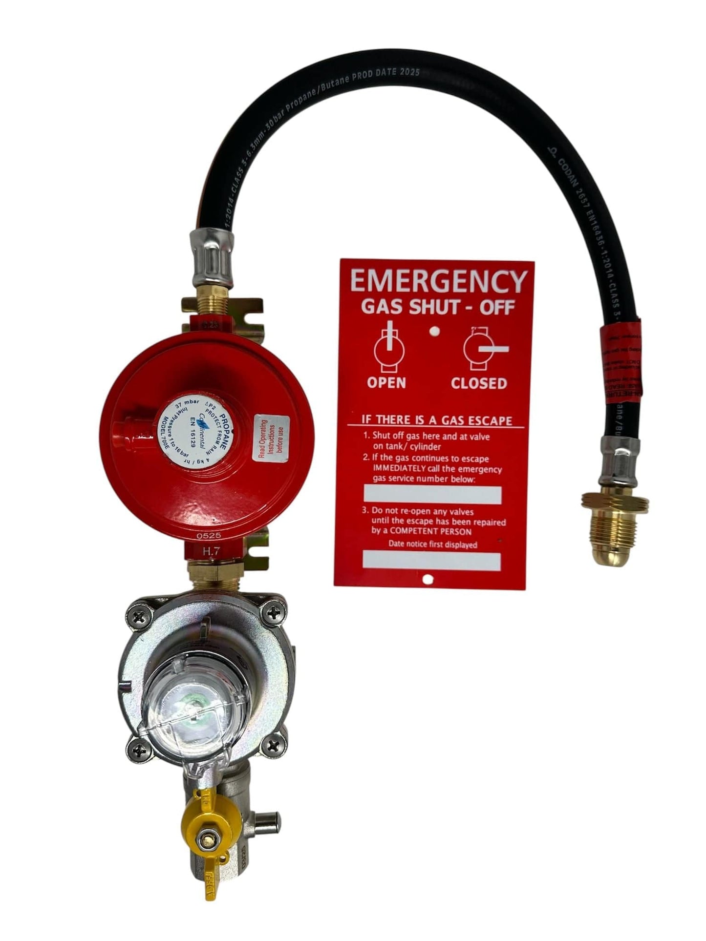 Red gas valve with hose and emergency gas shut-off sign on a white background