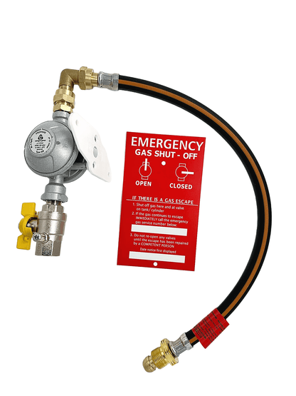 Image of a single OPSO gas regulator with a test point, wall mount, brass elbow, and POL pigtail hose connected, featuring a gas safety warning plaque for compliance and safety.