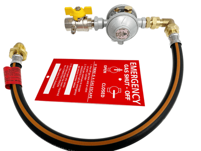 Image of a single OPSO gas regulator with a test point, brass elbow, and gas pigtail hose connected, featuring a gas safety warning plaque in the center for safety compliance.