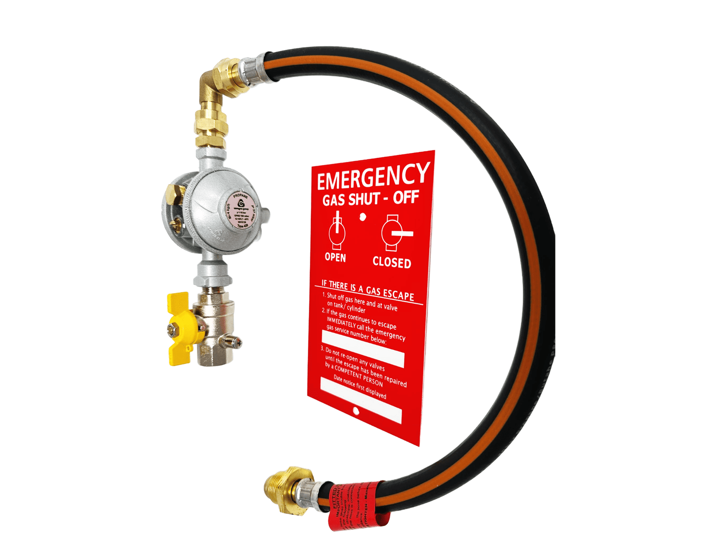 Image of a single OPSO gas regulator with a test point, wall mount, brass elbow, and POL pigtail hose connected, featuring a gas safety warning plaque for compliance and safety.