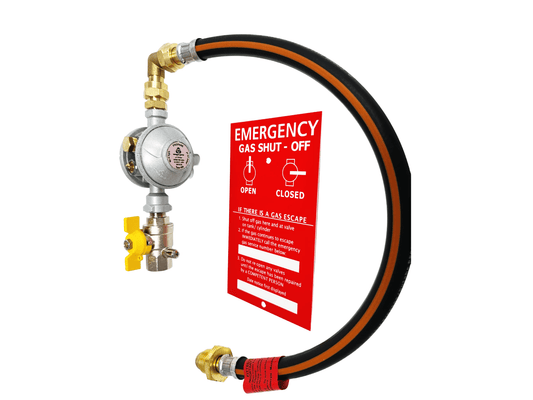 Image of a single OPSO gas regulator with a test point, wall mount, brass elbow, and POL pigtail hose connected, featuring a gas safety warning plaque for compliance and safety.