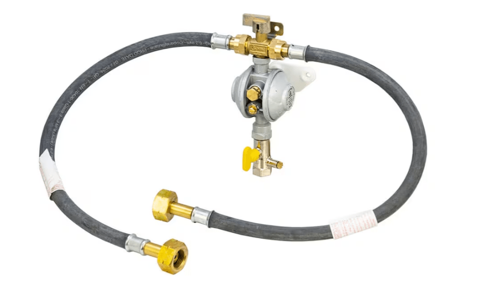 Cavagna LPG Manual Changeover Gas Regulator Kit with OPSO, including wall-mounted regulator, pigtails, and testpoint valve – Irish fitting (plaque not shown)