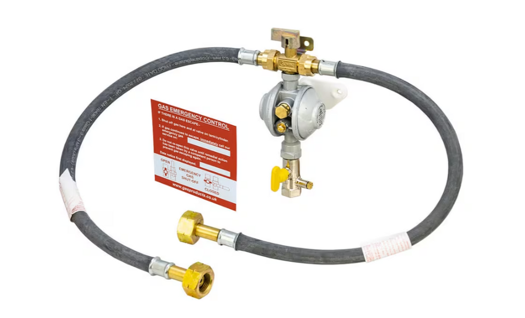 Cavagna LPG Manual Changeover Gas Regulator Kit with OPSO, including wall-mounted regulator, pigtails, testpoint valve, and emergency control plaque – Irish fitting