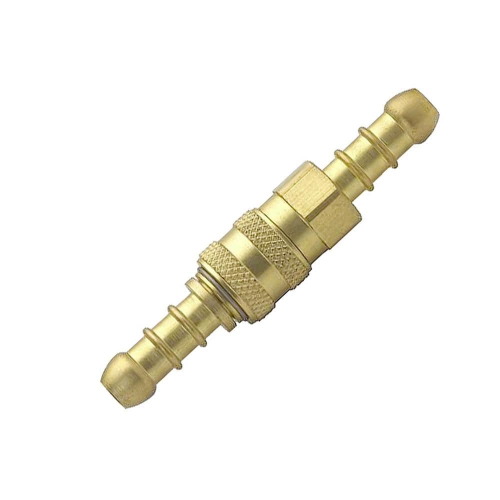 Brass inline quick release fitting coupler with 8mm gas connection, designed for secure and efficient gas appliance connections such as BBQs, camping stoves, and patio heaters.