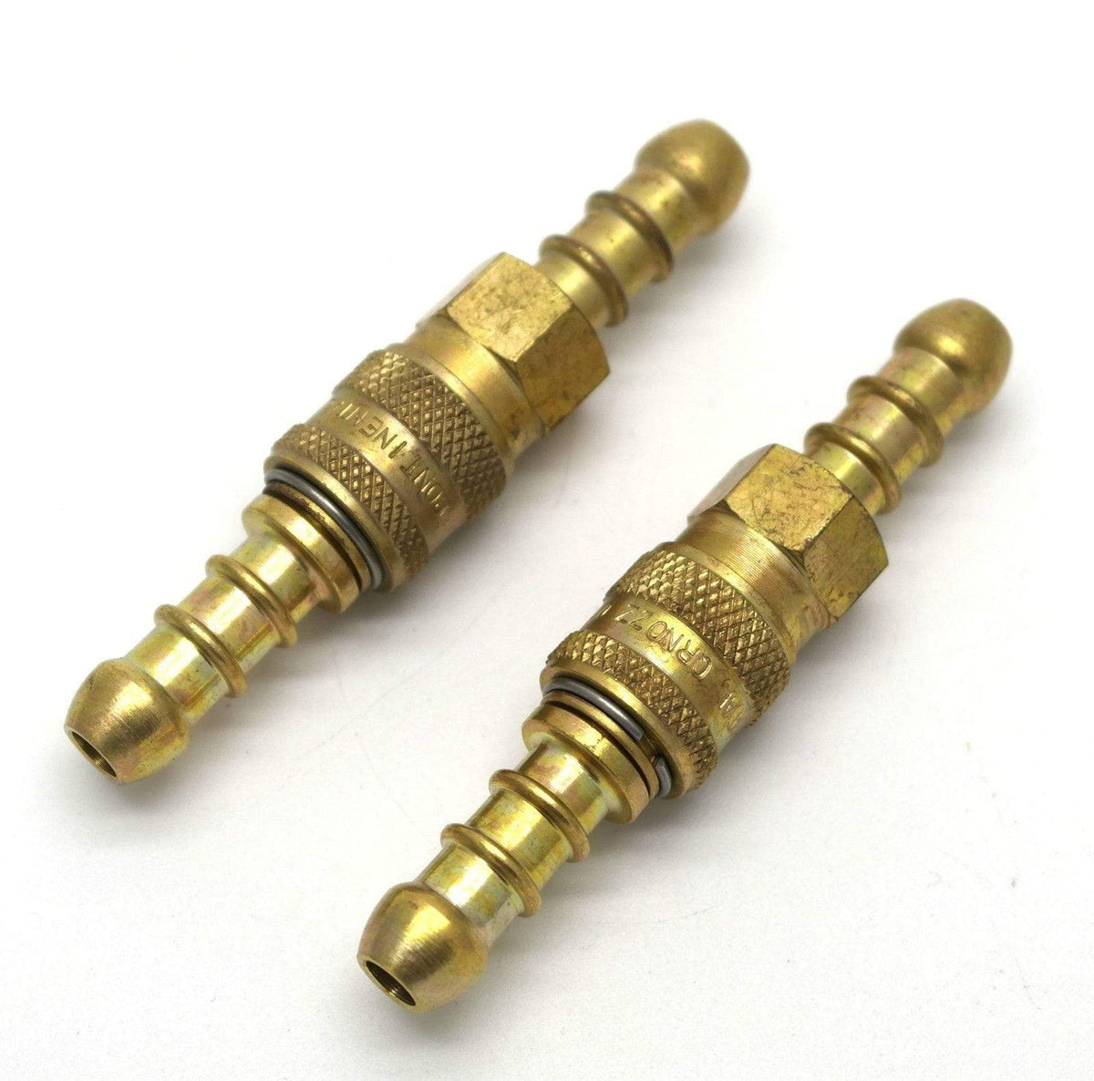 Two brass inline quick release fitting couplings for 8mm propane/butane hose, featuring knurled collars for easy connection and disconnection, designed for use with LPG appliances like barbecues and patio heaters.