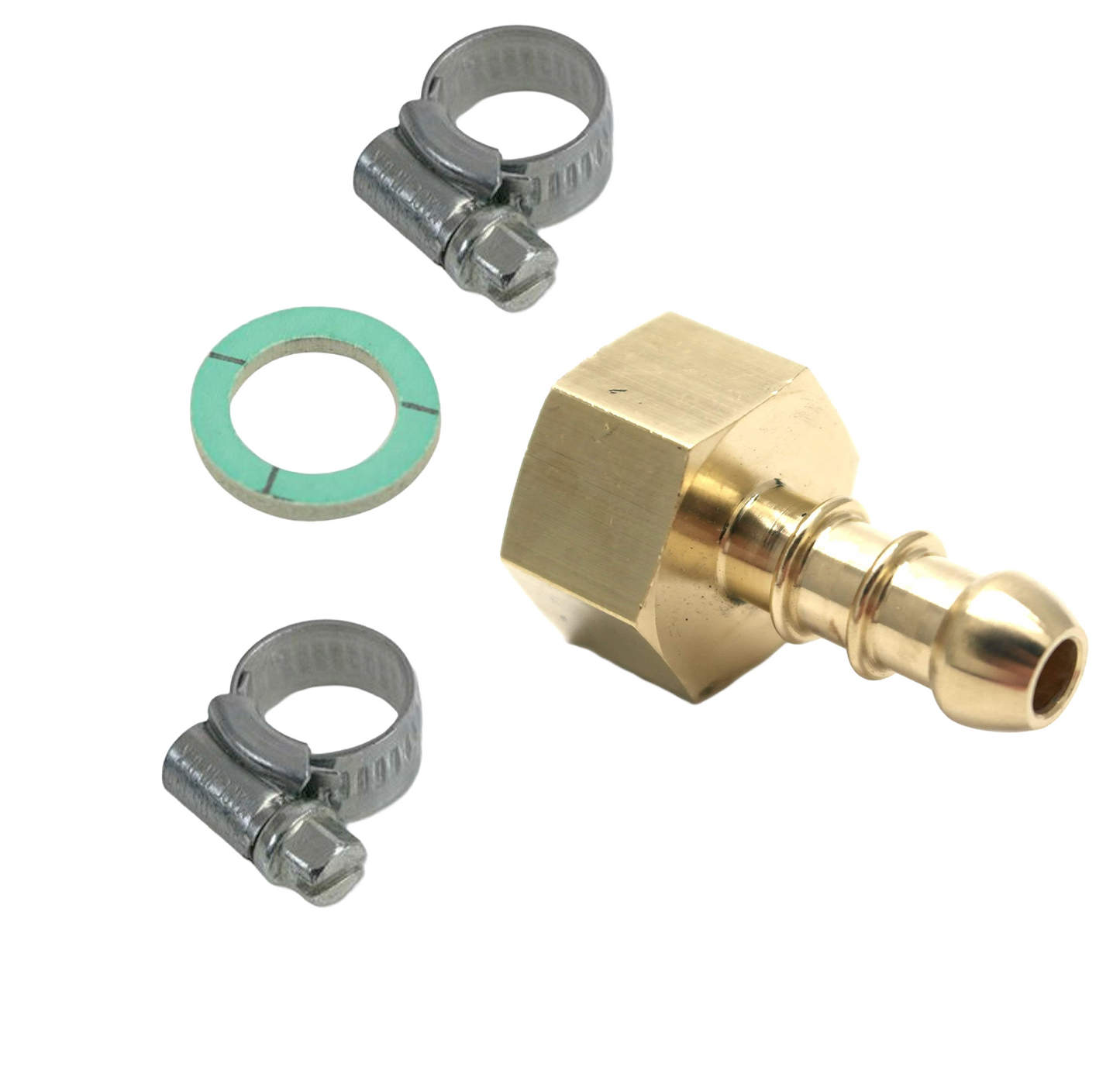 1/2" BSP FEMALE FITTING FULHAM NOZZLE TO 8mm I/D HOSE WITH 2 CLIPS + WASHER