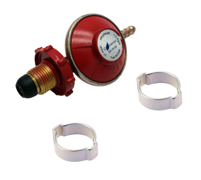Hand Wheel Propane Regulator 37mbar + 2m 8mm LPG Hose + Oetiker Crimp Clips