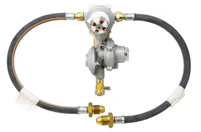 Gas pressure regulator with OPSO, wall mount and test point. attatched are two POL connection pigtail hoses. manufactured by cavagna.
