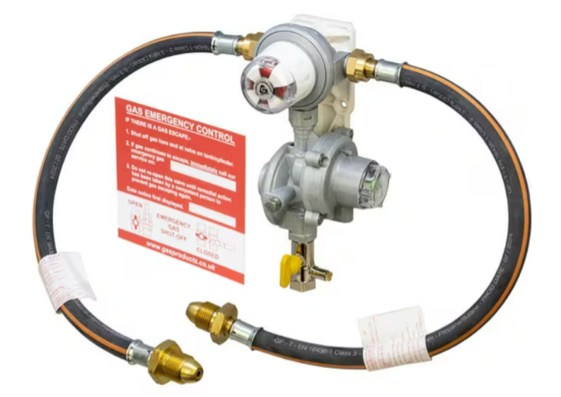 Gas pressure regulator with OPSO, wall mount and test point. attatched are two POL connection pigtail hoses. manufactured by cavagna.