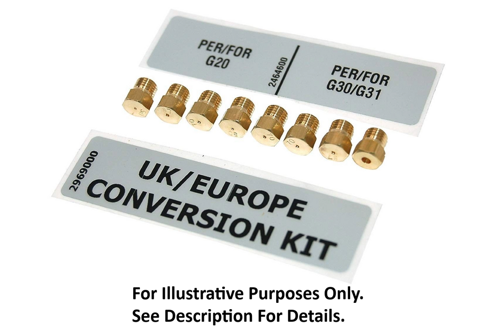 UK/Europe gas cooker conversion kit with brass nozzles on a white background