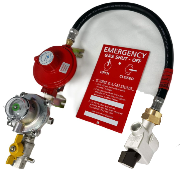 Red gas regulatorr with gas hose pigtail and 21mm gas cylinder adaptor. comes with test point shut off valve and gas safety  plaque.