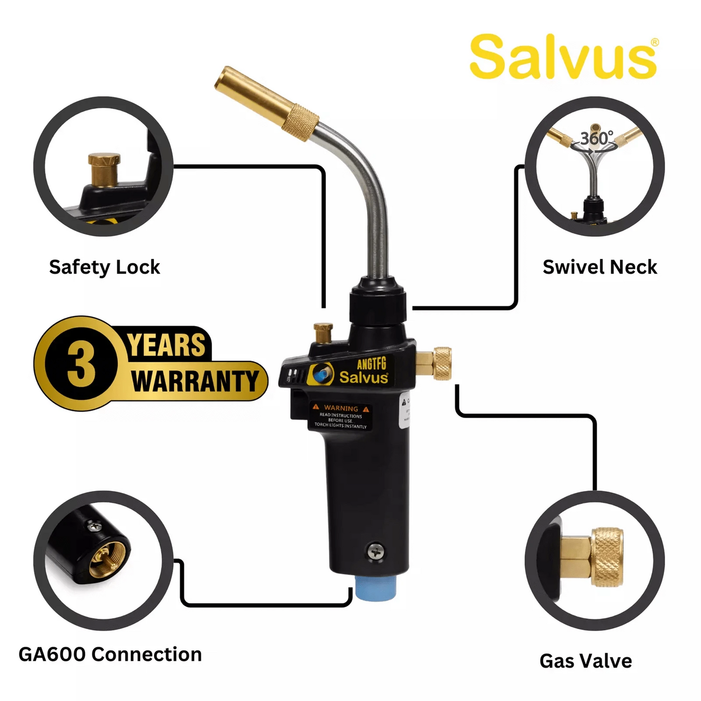 Durable Salvus Turbo Torch handle for brazing, soldering, and outdoor tasks, with lockable trigger and replaceable tip.