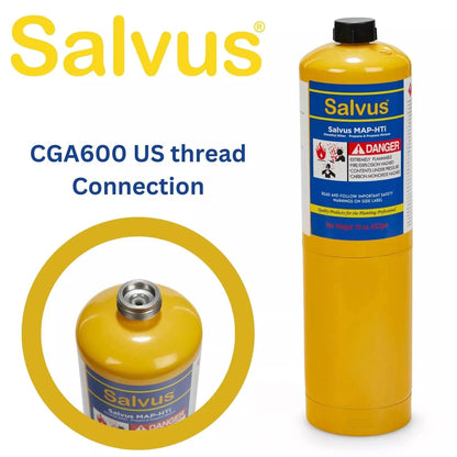 Top view of the Salvus MAPP Gas 400g canister's connection valve, designed for efficient gas flow during use.