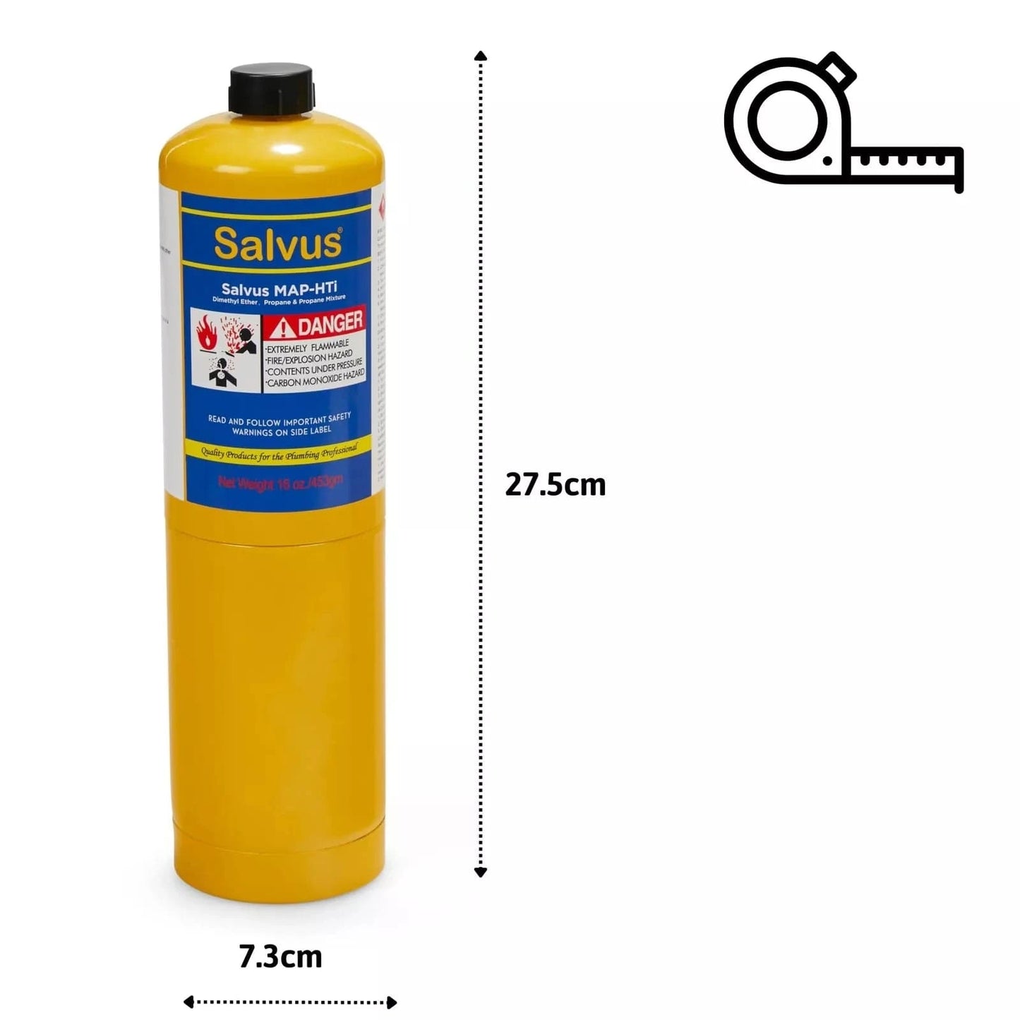Single Salvus MAPP Gas 400g canister with dimensions displayed beside it, highlighting its compact size.