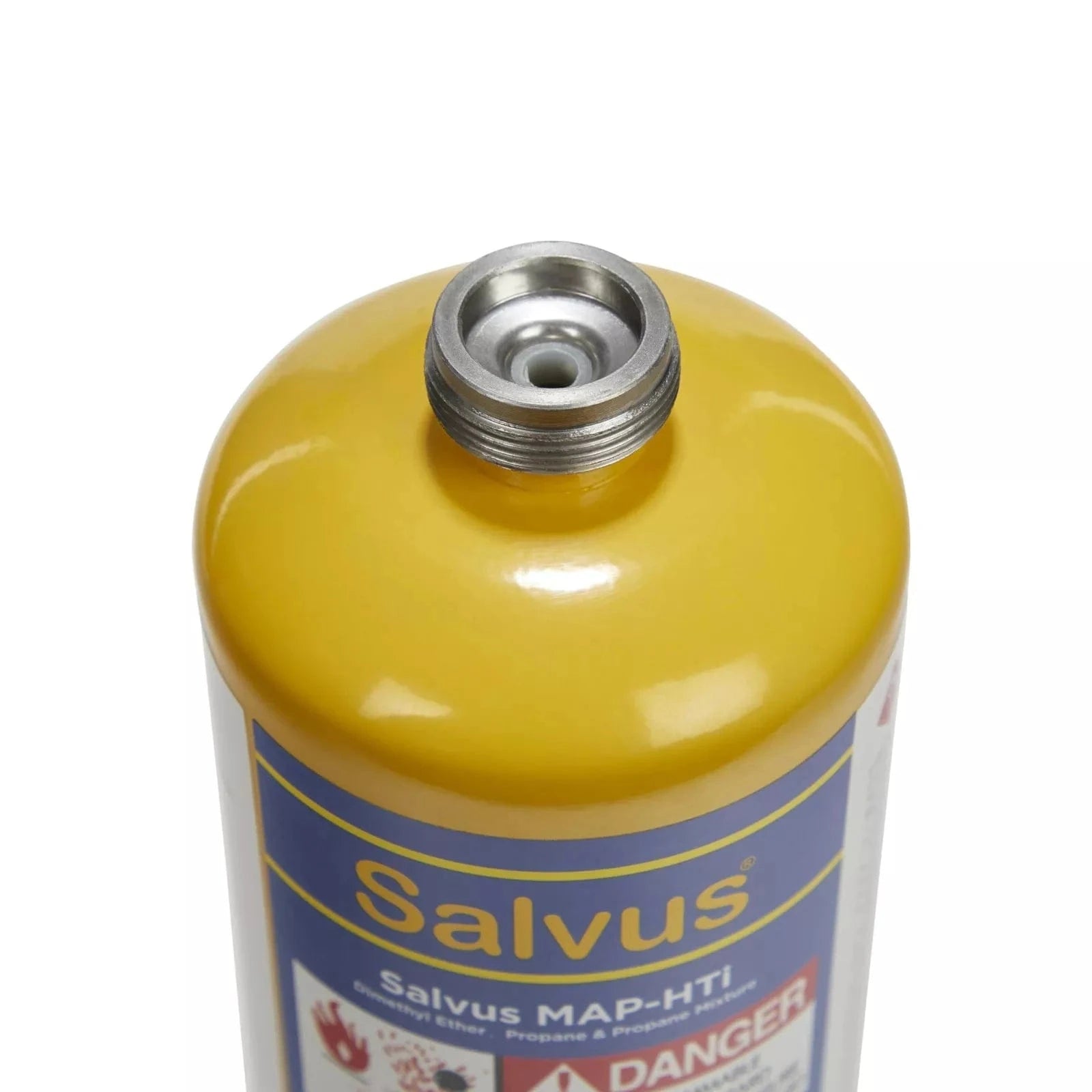 Top view of the Salvus MAPP Gas 400g canister's connection valve, designed for efficient gas flow during use.