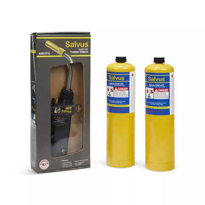 Two 453g bottles of high-temperature Salvus Mapp gas alongside the Salvus Turbo Torch nozzle connection with handle, ideal for brazing, soldering, and releasing seized nuts and bolts.