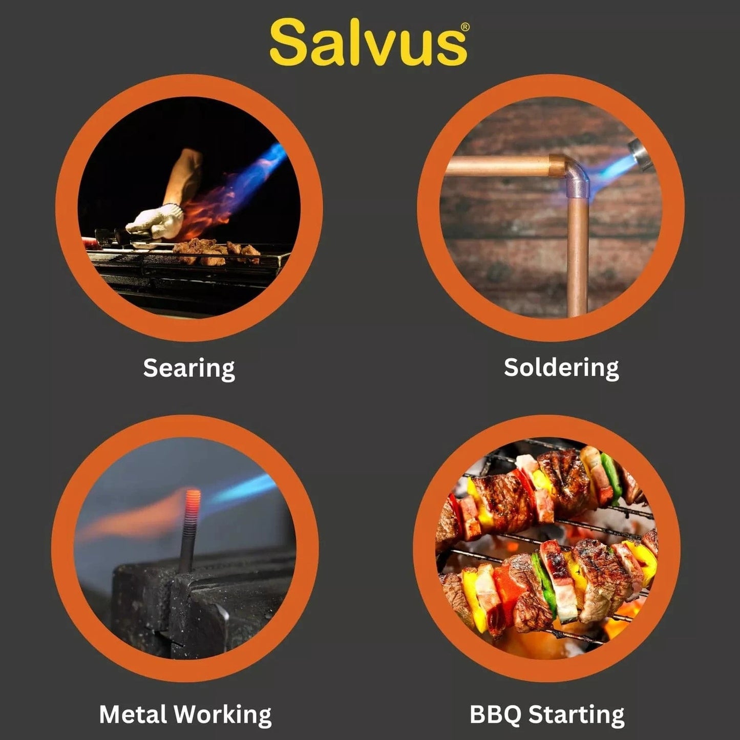 Visual demonstration of Salvus MAPP Gas 400g in use for soldering, brazing, and welding tasks, showcasing its versatility.