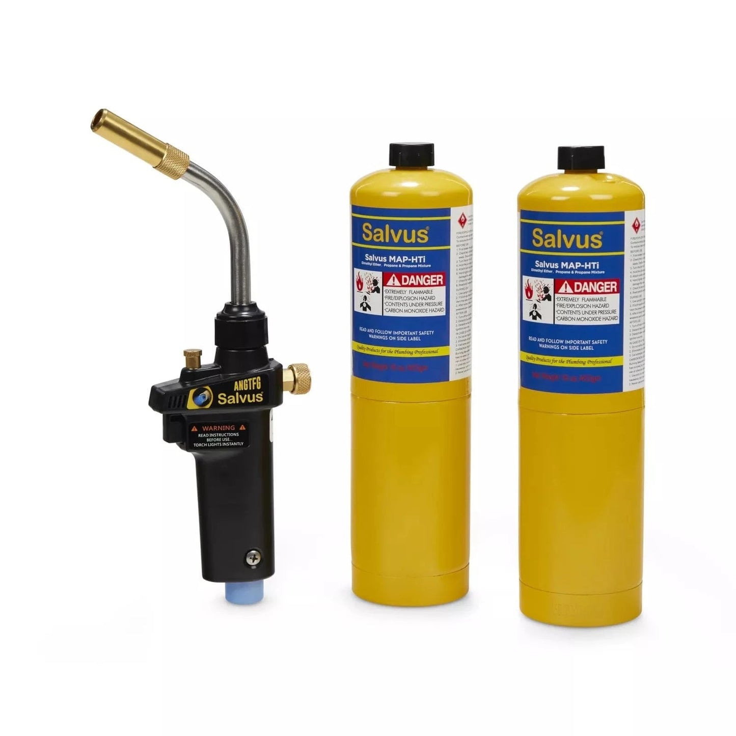 Salvus Turbo Torch Kit featuring a 360° swivel tip, adjustable flame, Piezo ignition, and ergonomic handle for professional and DIY use. Includes 2 x 453g bottles of Salvus Mapp gas.