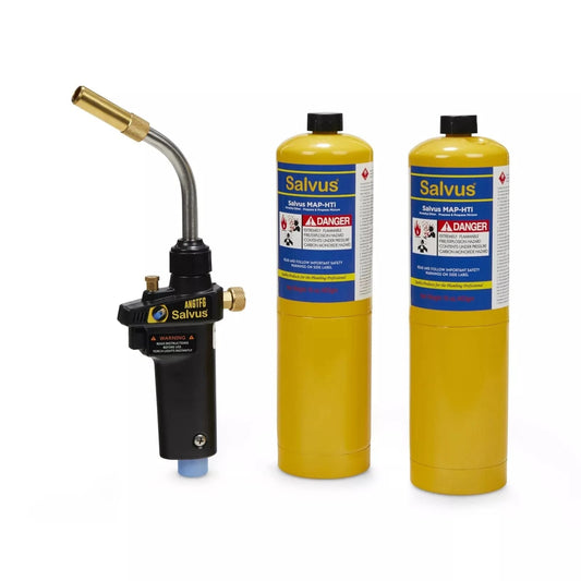 Salvus Turbo Torch Kit featuring a 360° swivel tip, adjustable flame, Piezo ignition, and ergonomic handle for professional and DIY use. Includes 2 x 453g bottles of Salvus Mapp gas.
