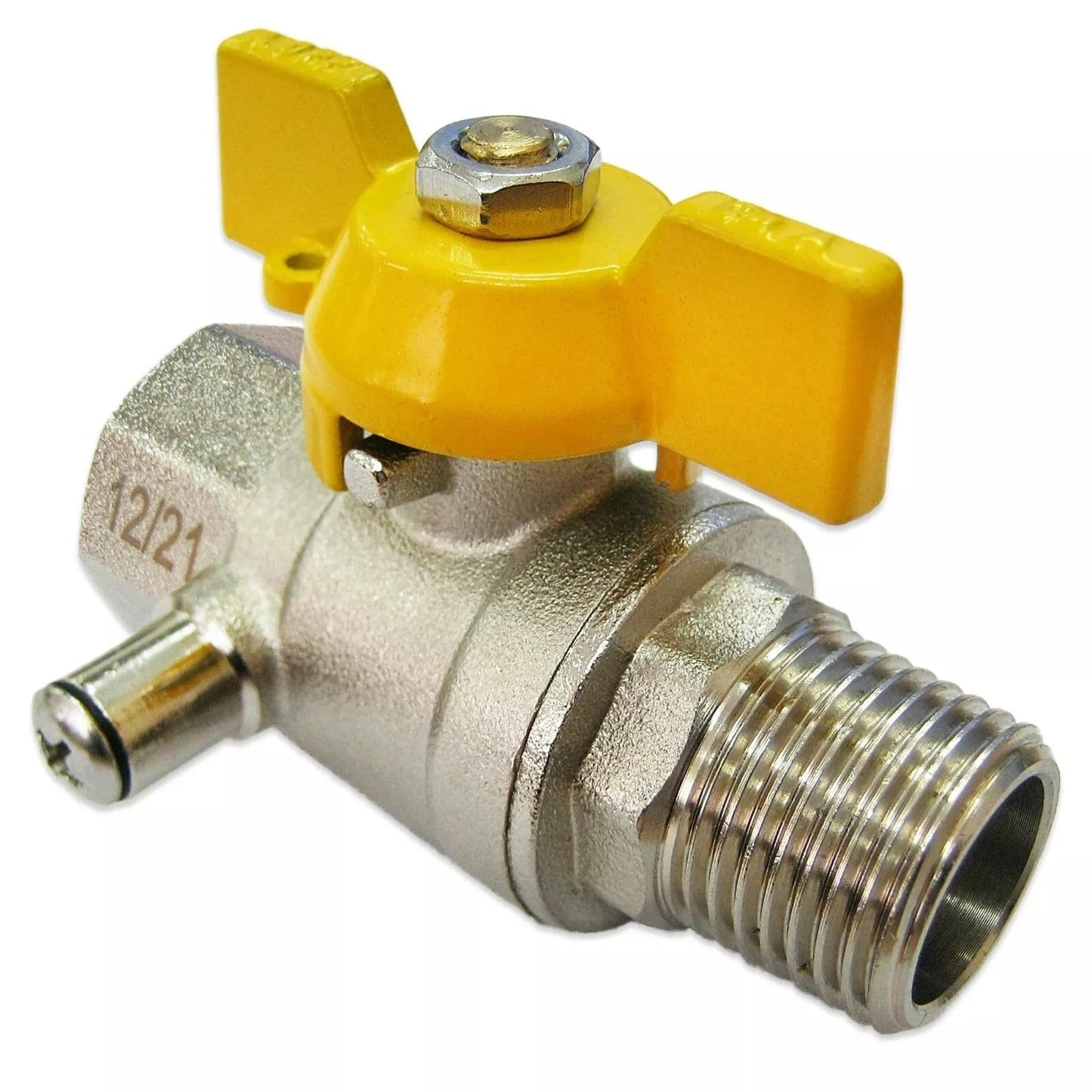 Ball valve with test point, yellow handle on a white background