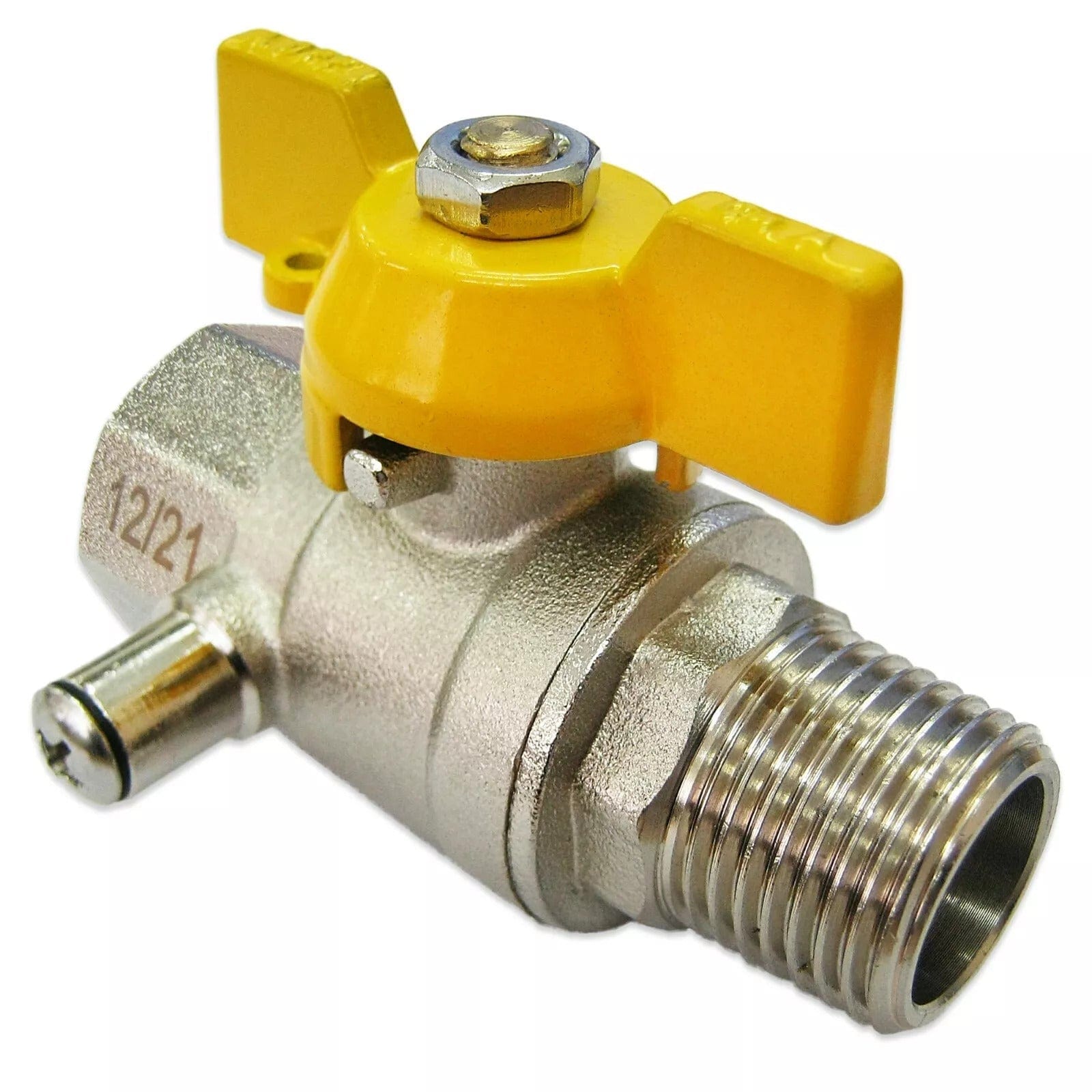 Ball valve with test point, yellow handle on a white background