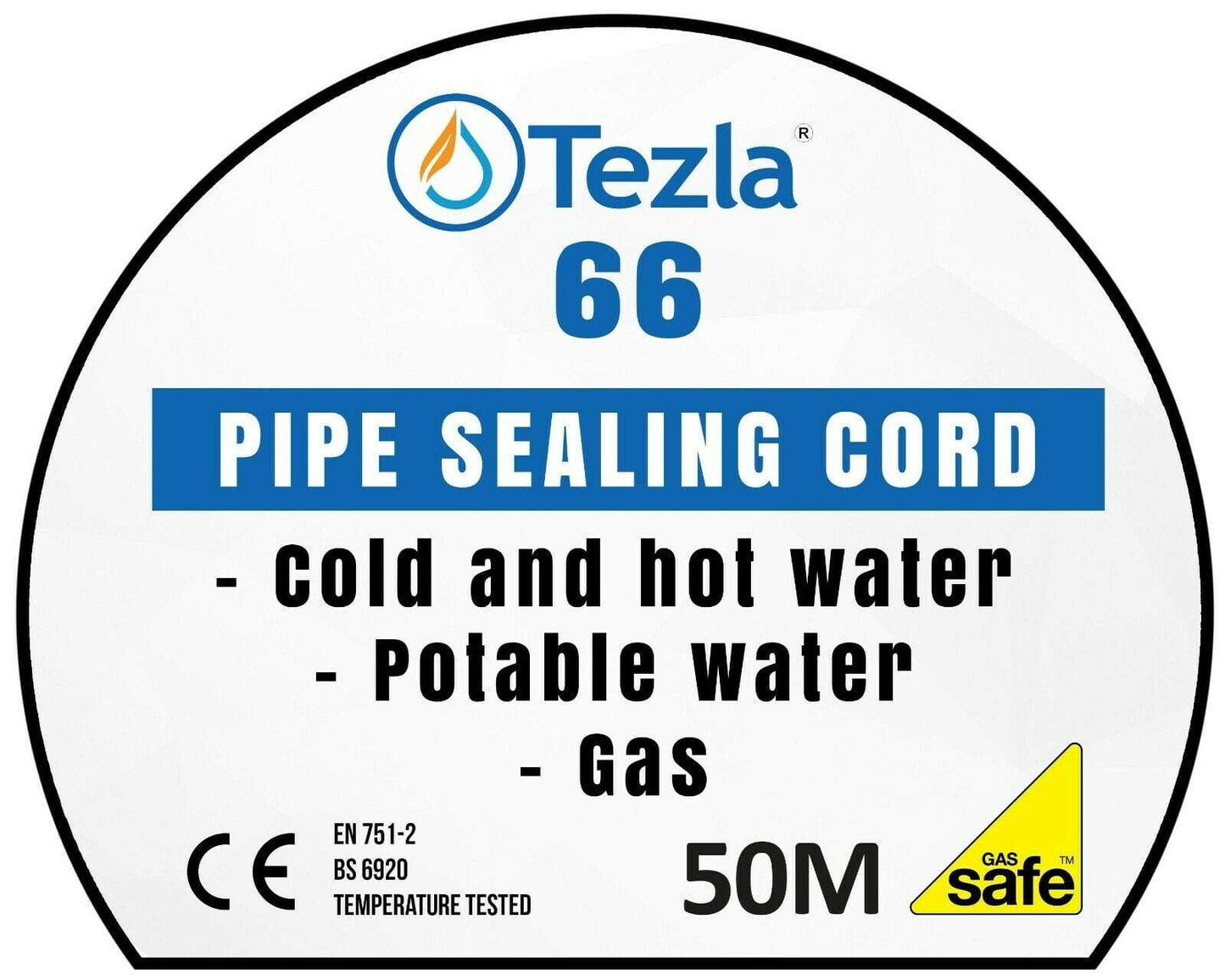 Packaging label for Tezla 66 Pipe Sealing Cord, indicating uses for cold and hot water, potable water, and gas, as well as a length of 50m.