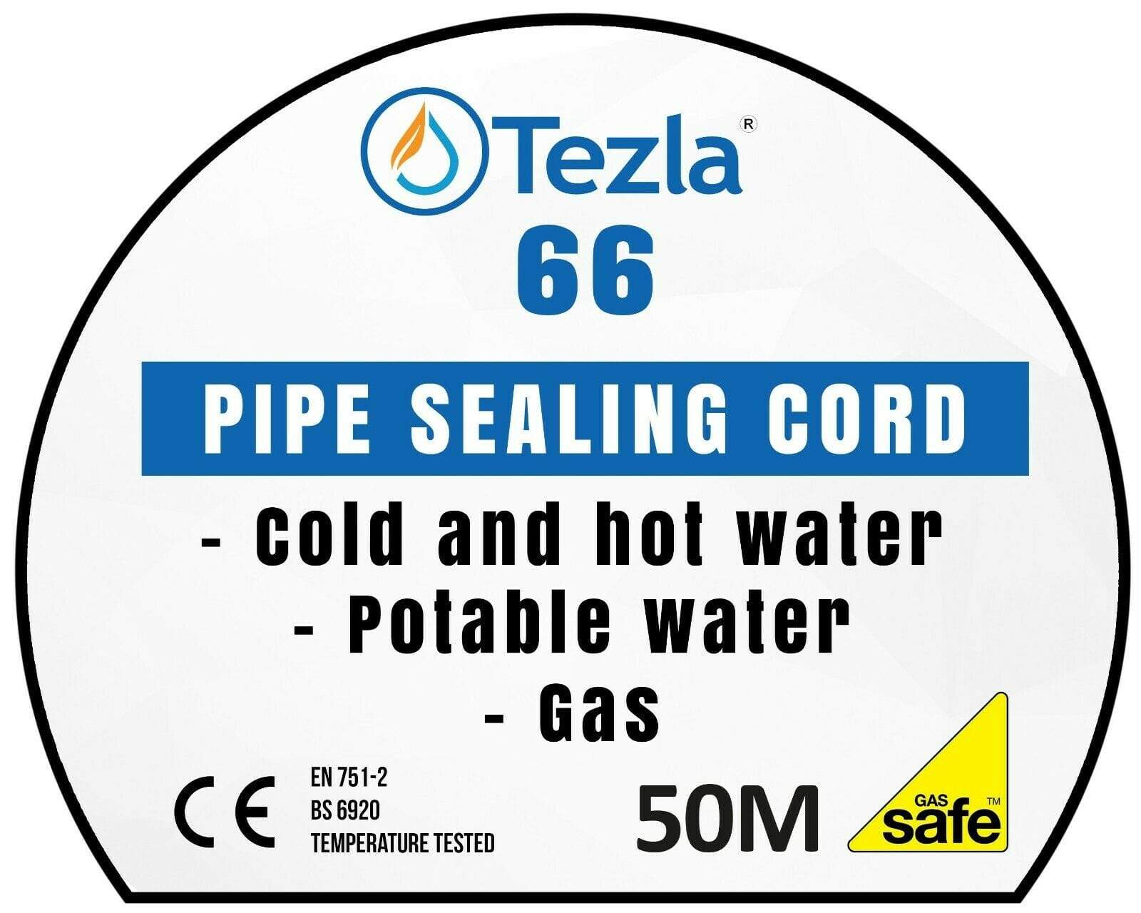 Packaging label for Tezla 66 Pipe Sealing Cord, indicating uses for cold and hot water, potable water, and gas, as well as a length of 50m.
