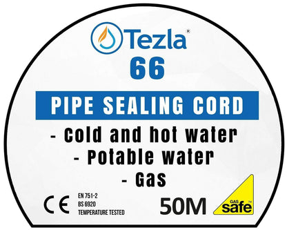 Packaging label for Tezla 66 Pipe Sealing Cord, indicating uses for cold and hot water, potable water, and gas, as well as a length of 50m.