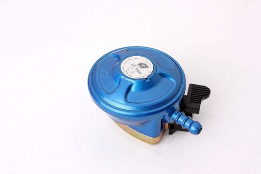 A blue butane gas regulator with a clip-on fitting, designed for caravan, motorhome, or home use.